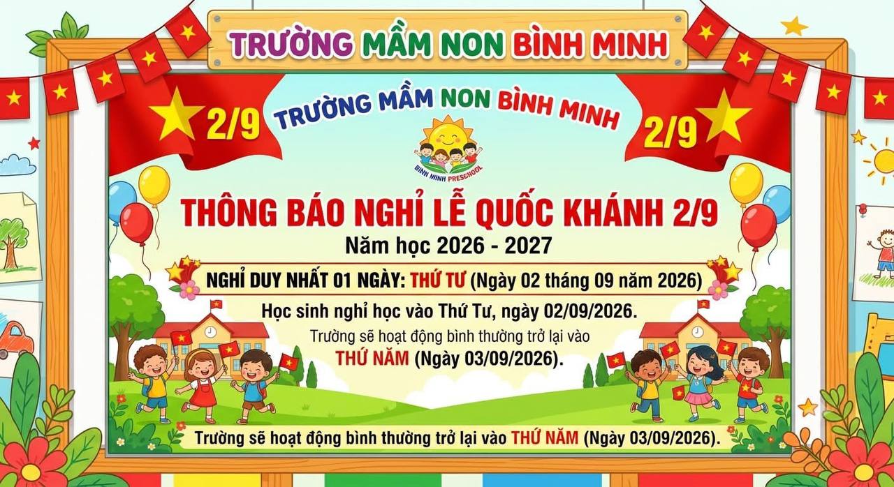 Thông báo nghỉ lễ Quốc khánh 2/9/2026 - Mầm non Bình Minh (DAWN Kindergarten) Vũng Tàu